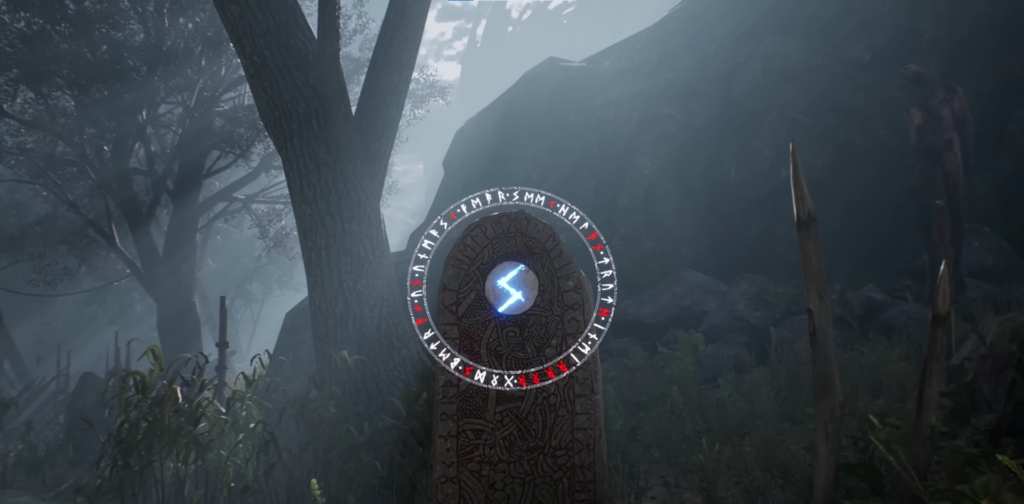 Светящаяся руна на каменном монолите в туманном лесу