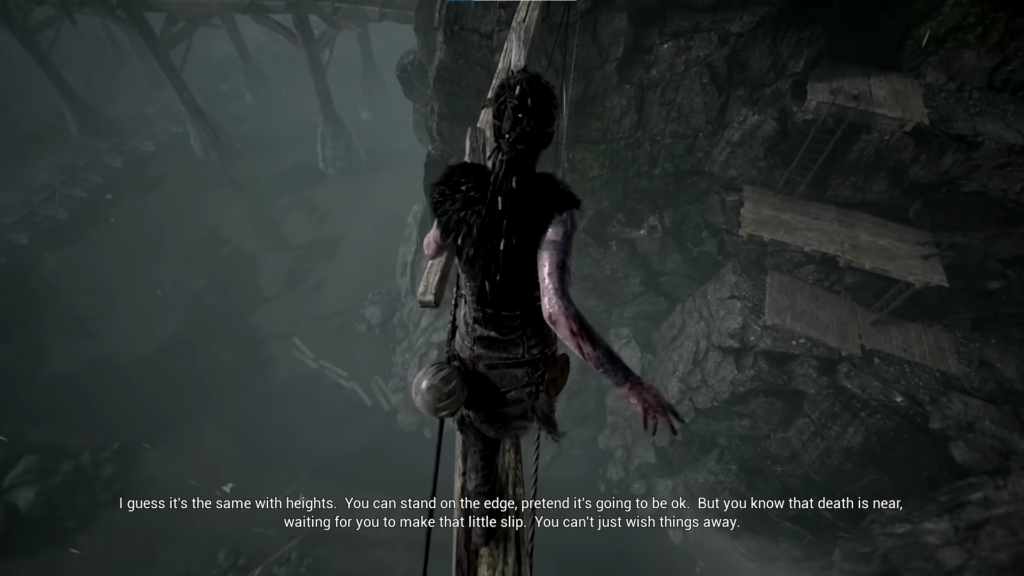 Сенуа из Hellblade балансирует на бревне над пропастью