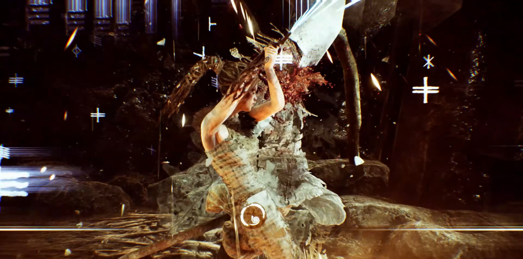 Сенуа из Hellblade наносит удар мечом в пещере