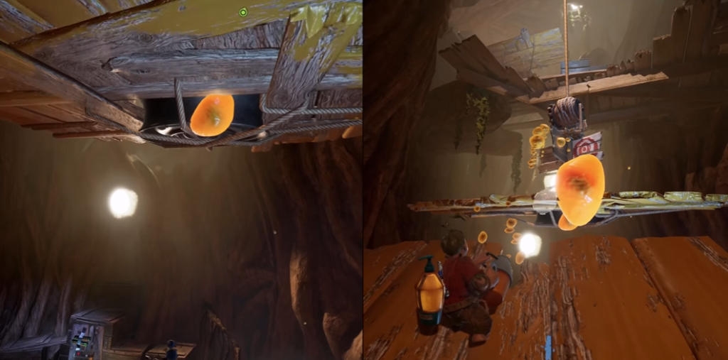 It Takes Two character swinging toward orange sap blob cave