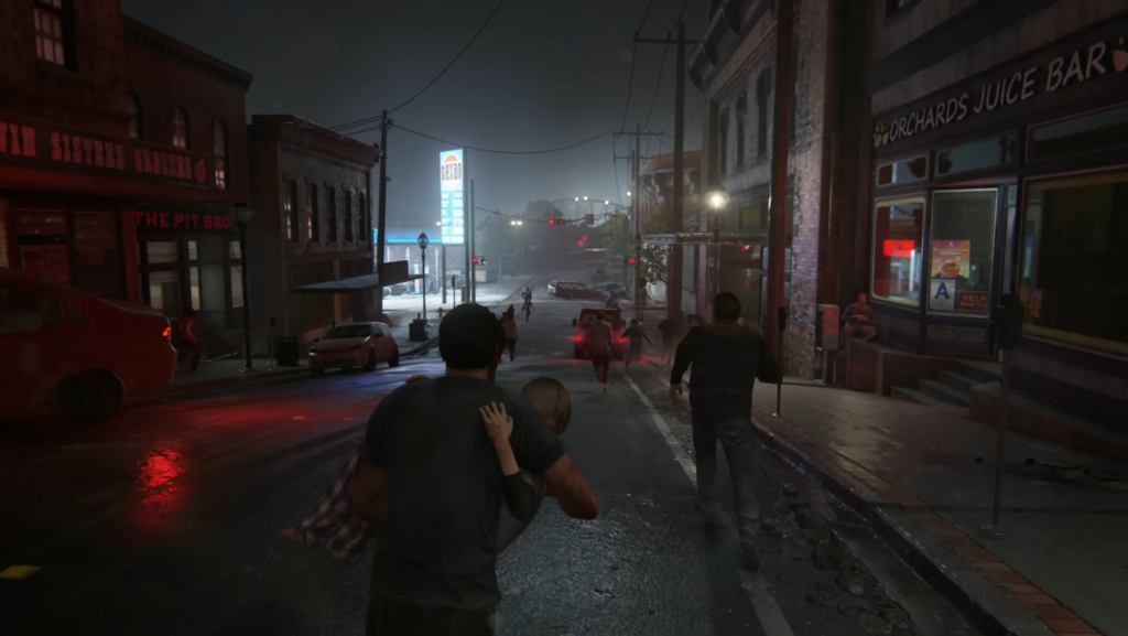 Man carrying child running down rainy city street