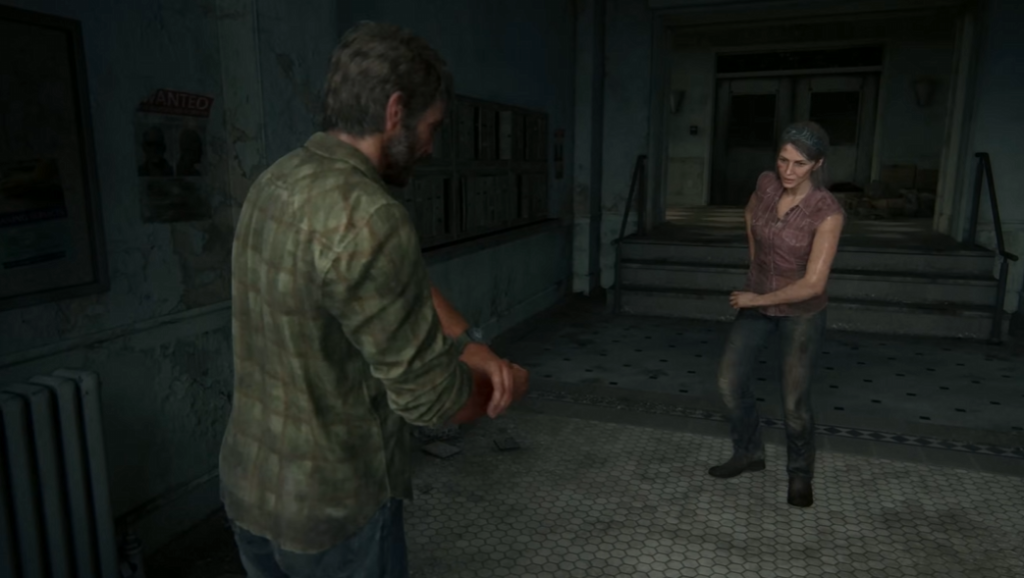 Joel and Tess in The Last of Us hallway