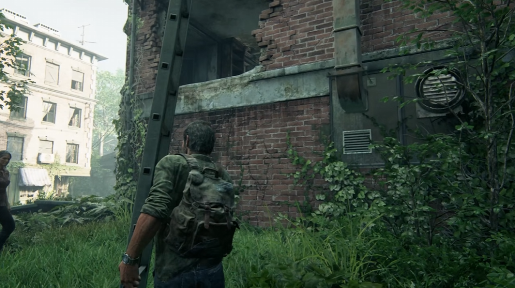 Joel climbs ladder beside brick building in The Last of Us