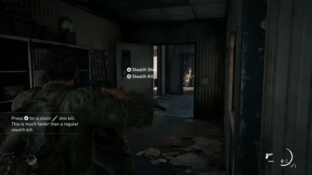Joel aims pistol in hallway, The Last of Us