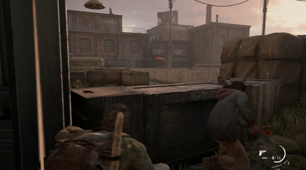 Joel and ally crouch behind cover in The Last of Us