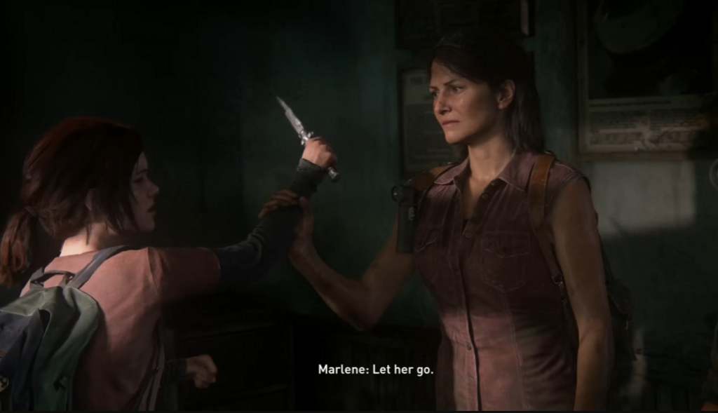 Ellie holds knife at Marlene in The Last of Us