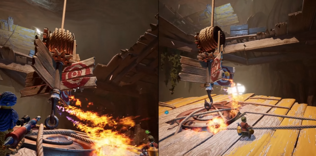 It Takes Two characters dodging fire on wooden platform