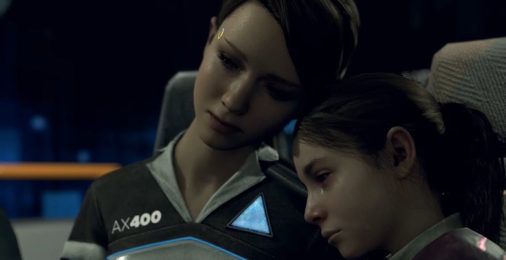 Кэра из Detroit: Become Human обнимает девочку в машине