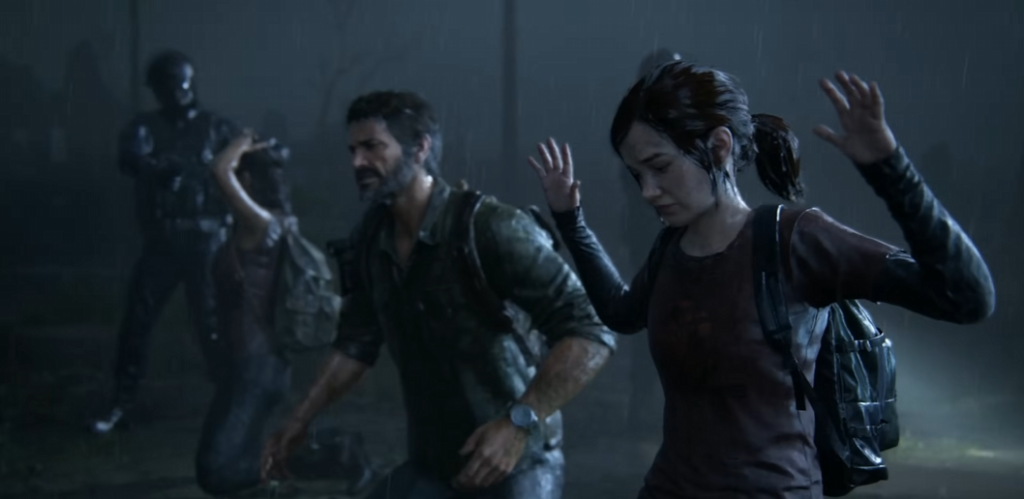 Ellie and Joel raise hands in rainy street, The Last of Us