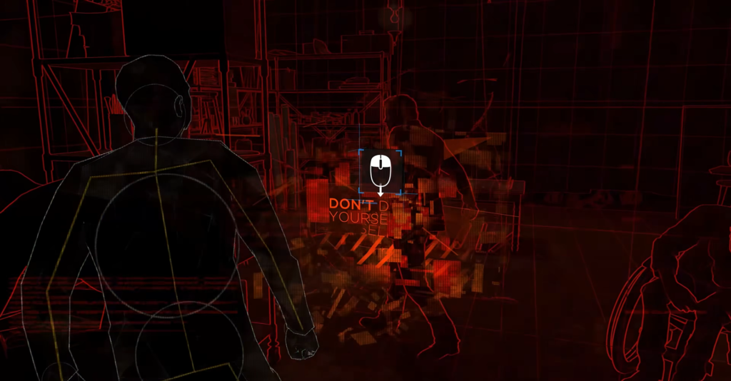 Силуэты людей идут по красной сетке в комнате