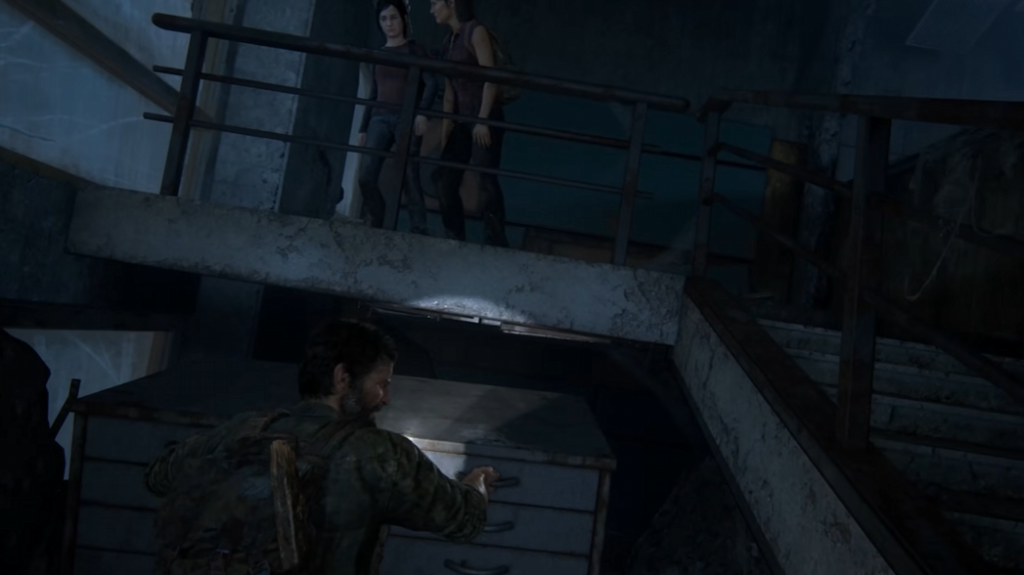 Joel pushes cabinet under stairs in The Last of Us