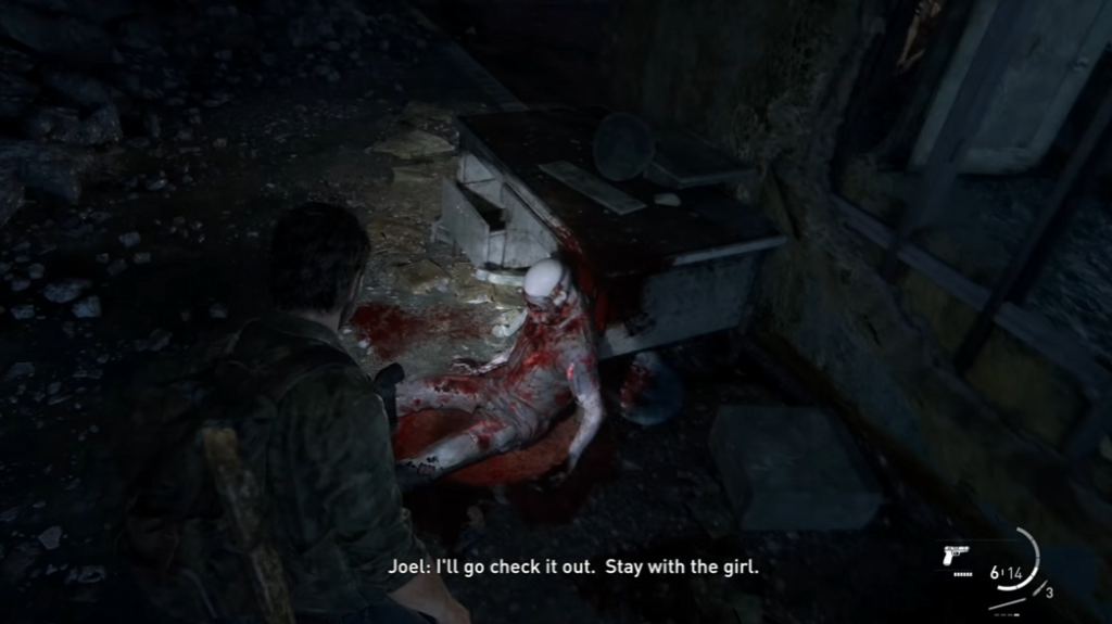 Joel from The Last of Us examines bloody corpse indoors
