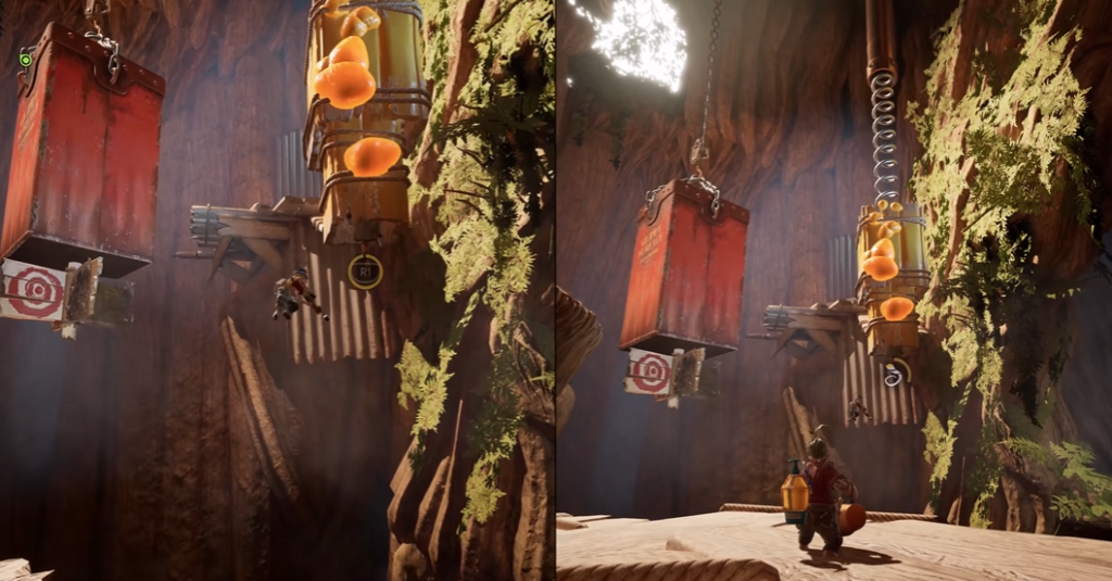 It Takes Two characters jumping in canyon platform area