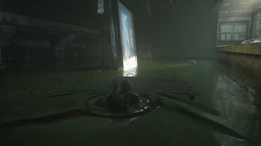 Person swimming in flooded building with green water