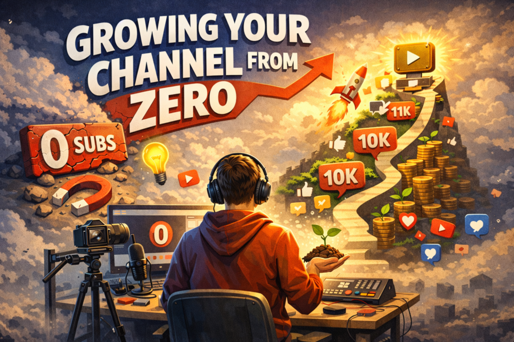 Creator at desk growing YouTube channel from zero subs