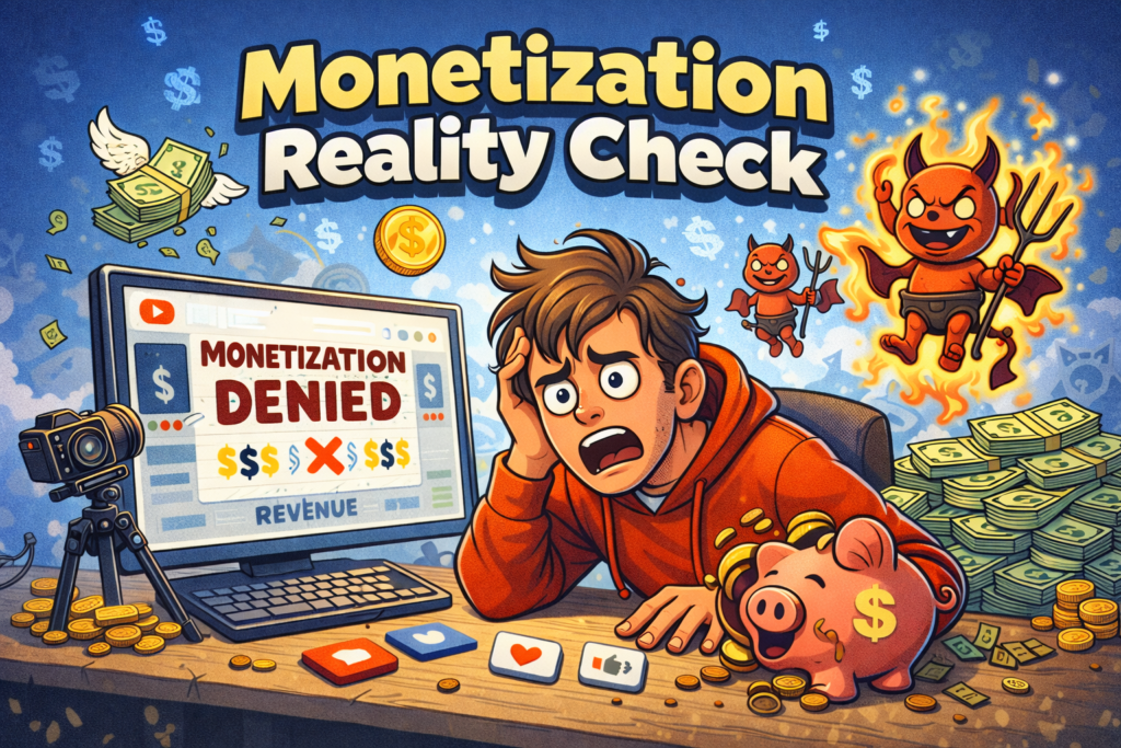 Worried creator at desk, monetization denied on monitor