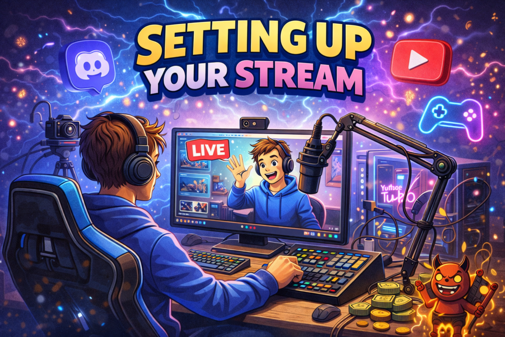 Streamer wearing headphones setting up live stream at desk