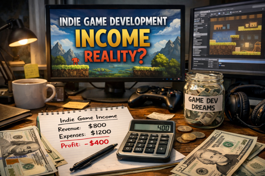 Calculator showing -400 profit on indie game dev desk
