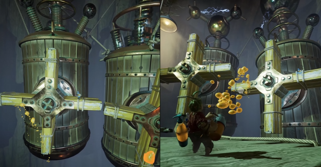 Small character spraying yellow goo at wooden cross machinery