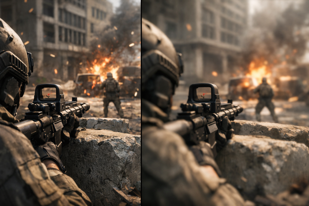 Soldier aiming rifle at explosion in ruined city street