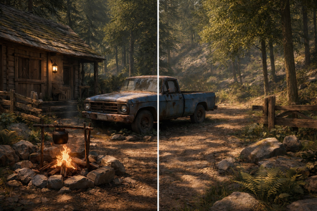 Rusty blue pickup parked by cabin in forest