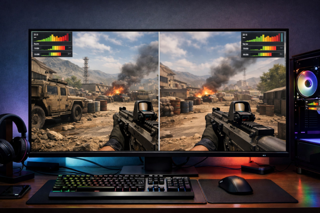 First-person shooter gameplay on monitor at gaming desk