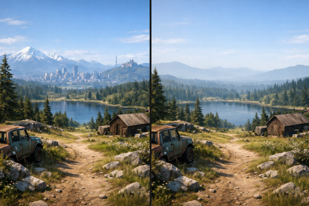 Dirt path leads to cabin by lake and mountains