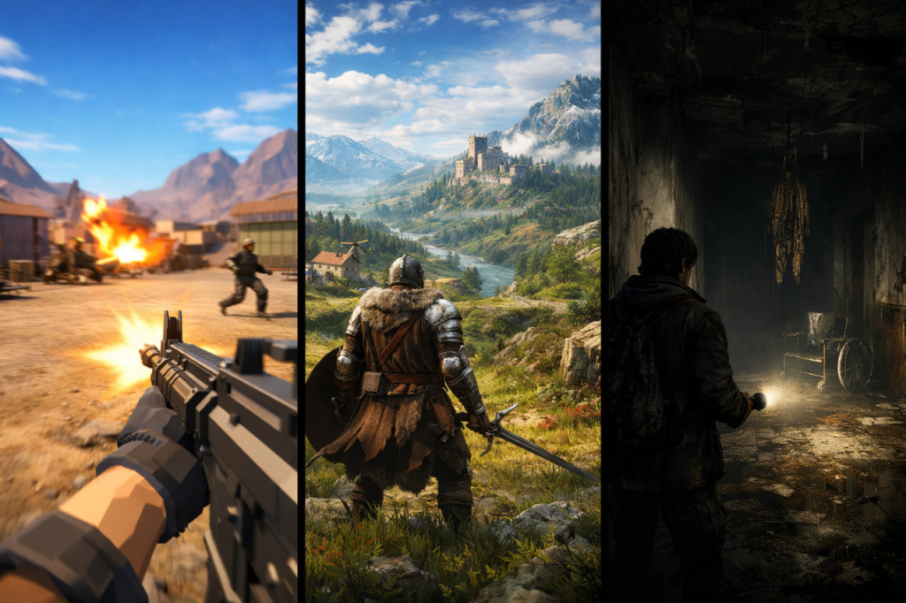 Three video game scenes: shooter, knight, man with flashlight