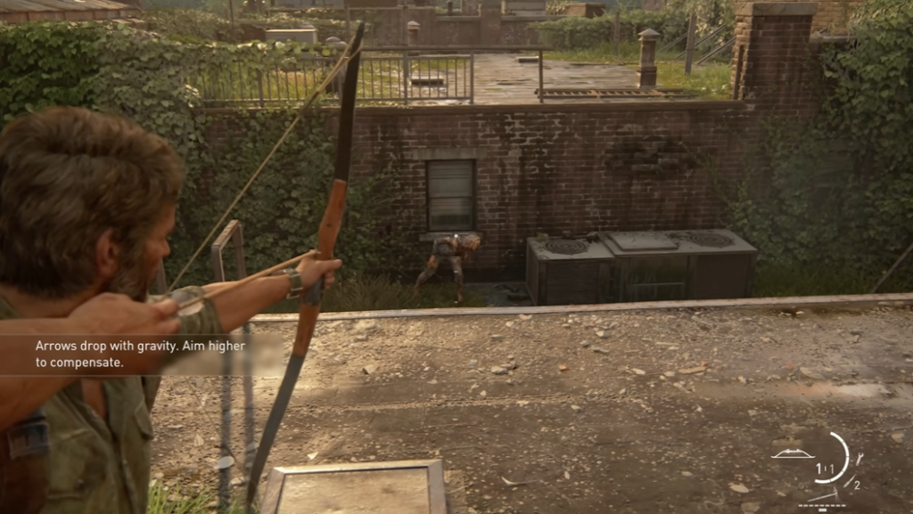 Joel aiming bow in The Last of Us rooftop