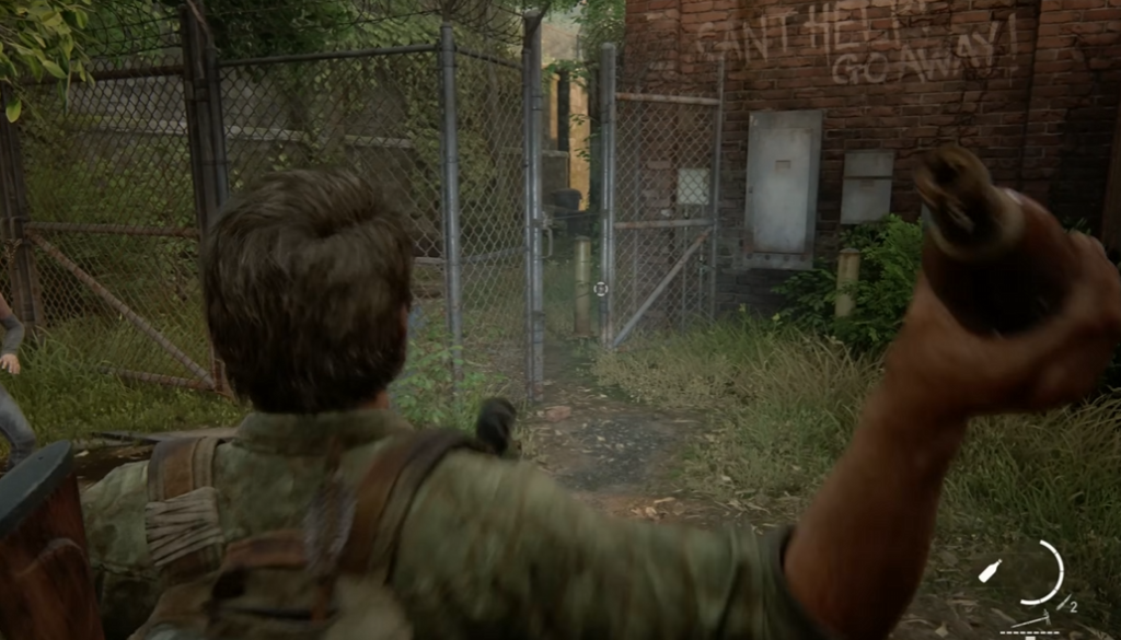 The Last of Us Joel throwing bottle at fence gate