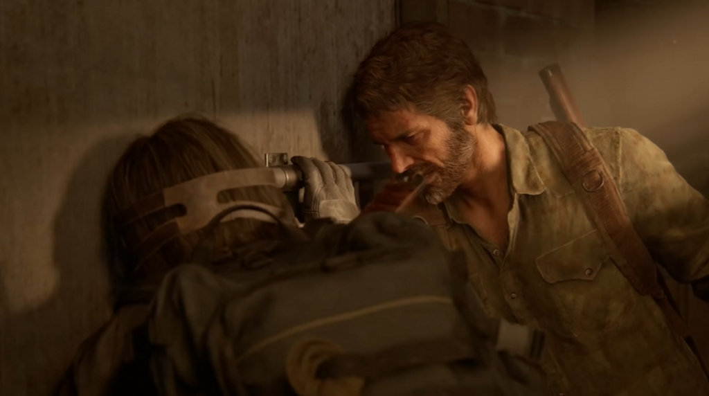 Joel attacks soldier in corridor in The Last of Us