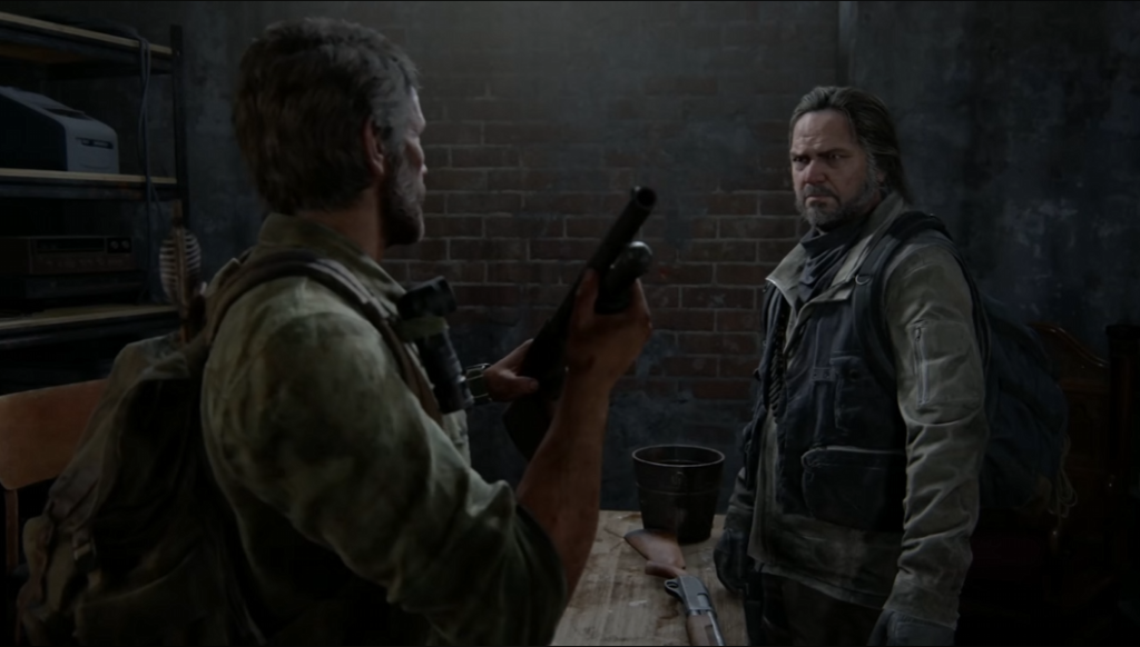 Joel aims shotgun at Bill in The Last of Us