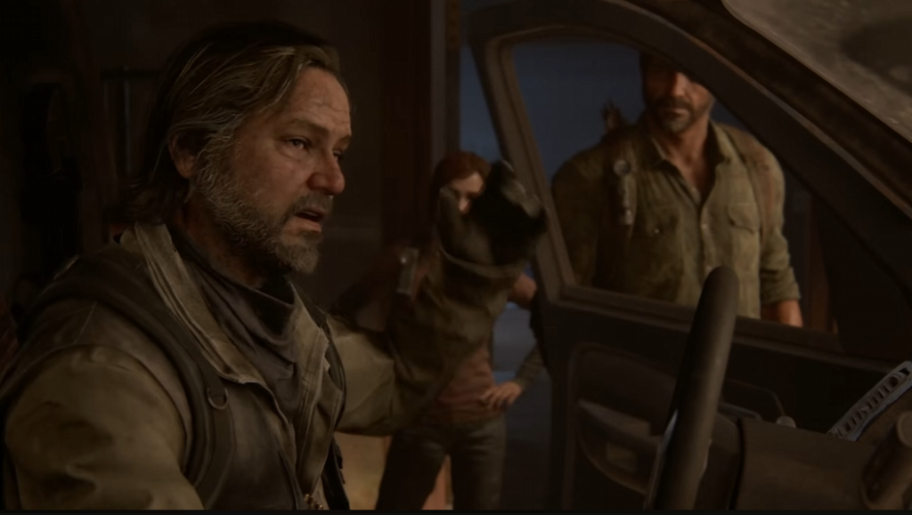 Tommy Miller talks inside truck in The Last of Us