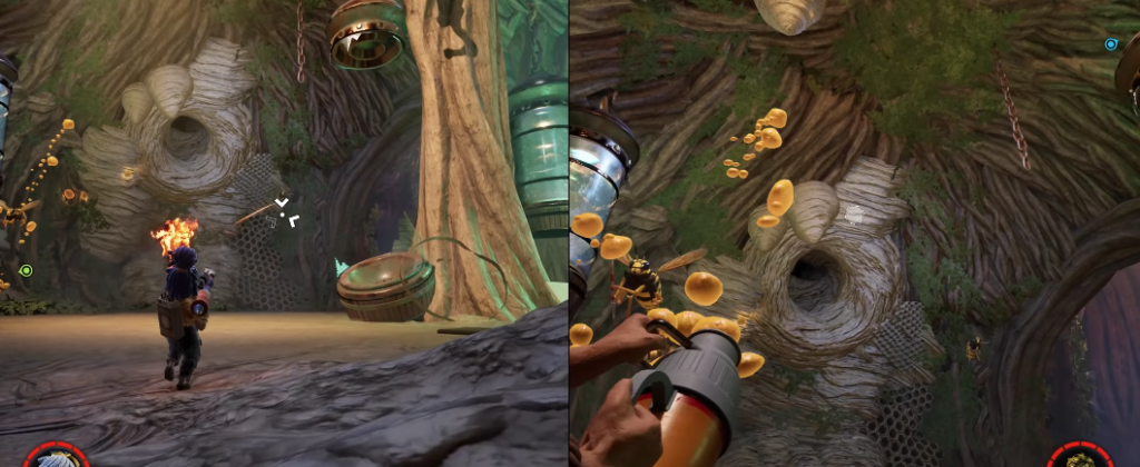 First-person shooter aiming at giant beehive in tree