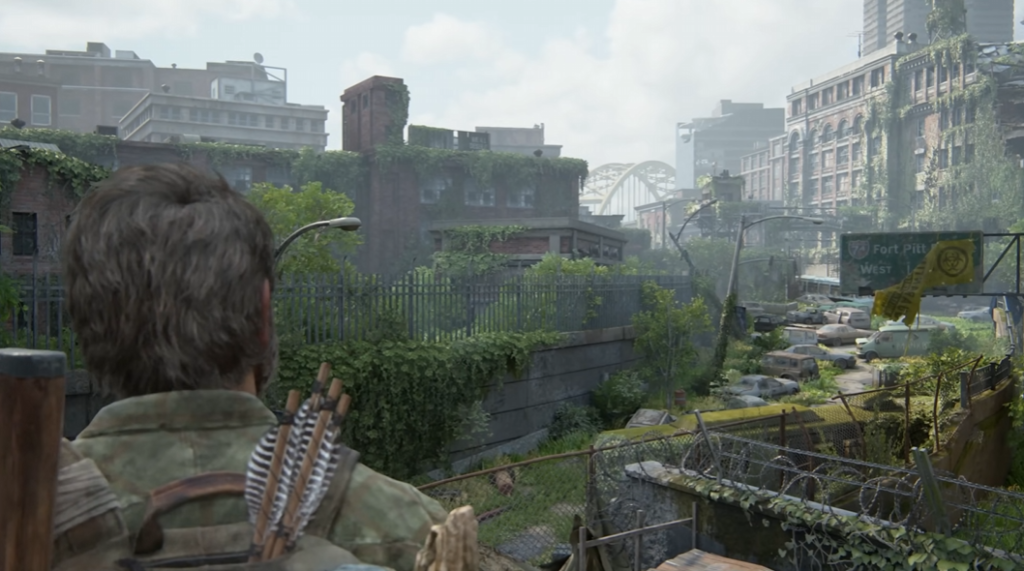 Joel overlooks overgrown city highway in The Last of Us