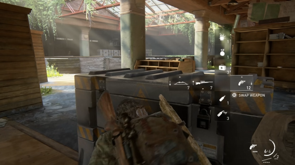 The Last of Us Part II character crouching behind cover indoors