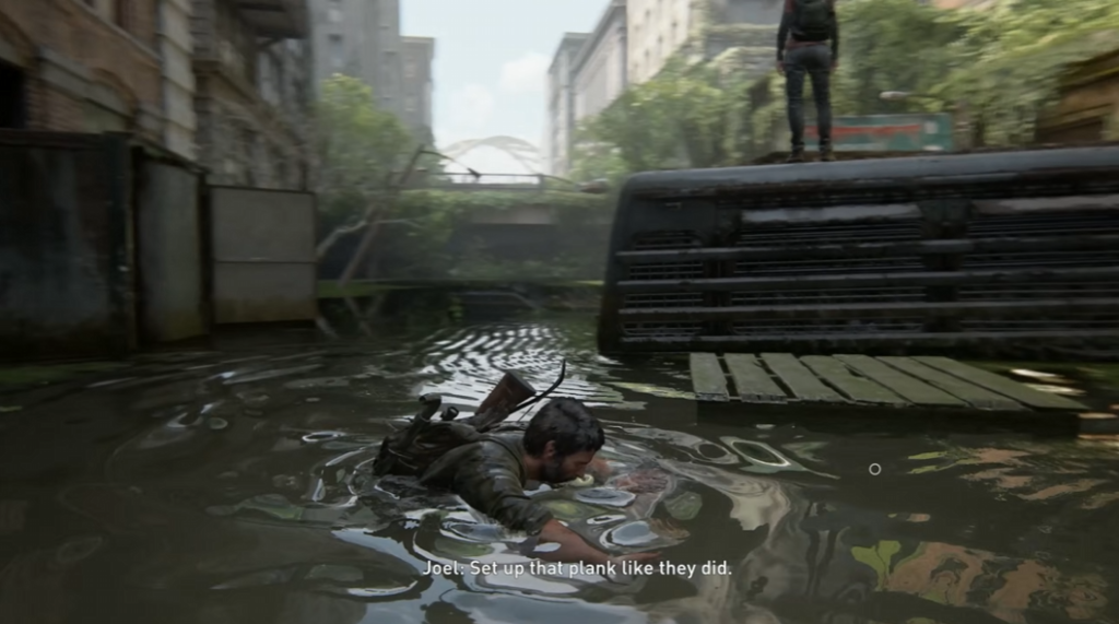 Joel swims in flooded street, The Last of Us