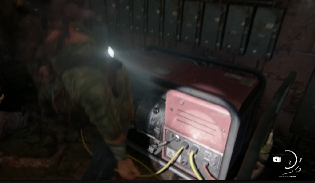 Person using flashlight near red generator indoors