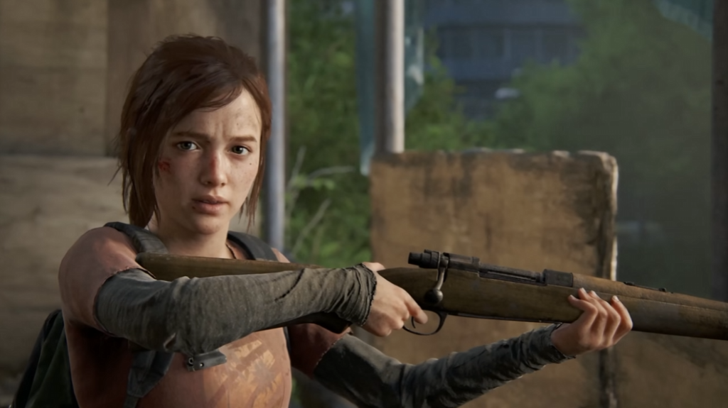 Ellie from The Last of Us aiming rifle indoors