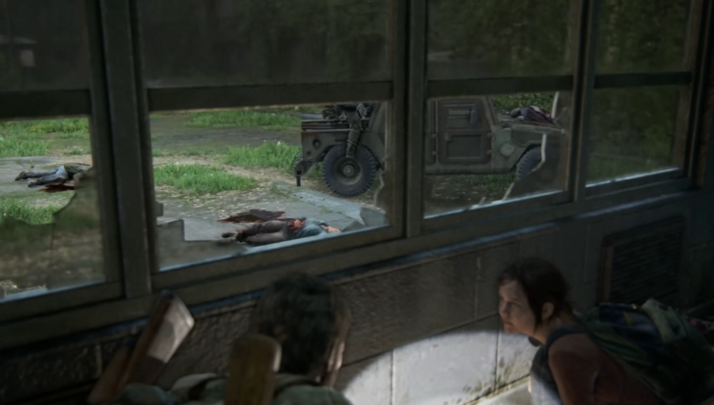 Two survivors crouch by window beside abandoned truck