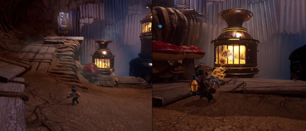 It Takes Two characters running near glowing lanterns in cave