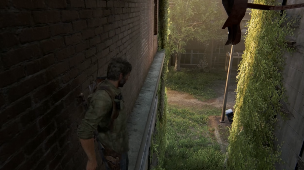 Joel from The Last of Us walking along ledge