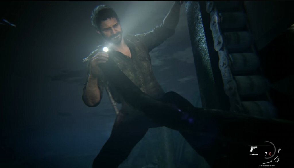 Joel holds flashlight in dark room, The Last of Us