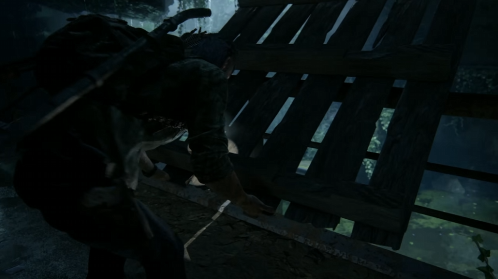 Samurai crouching behind wooden fence in forest