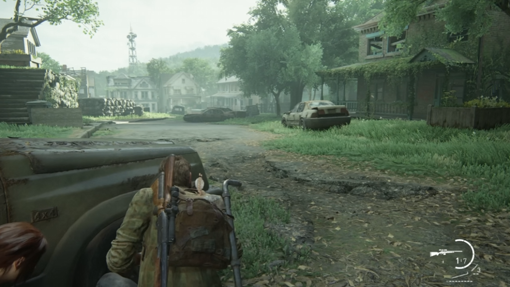 Joel crouches behind car in The Last of Us
