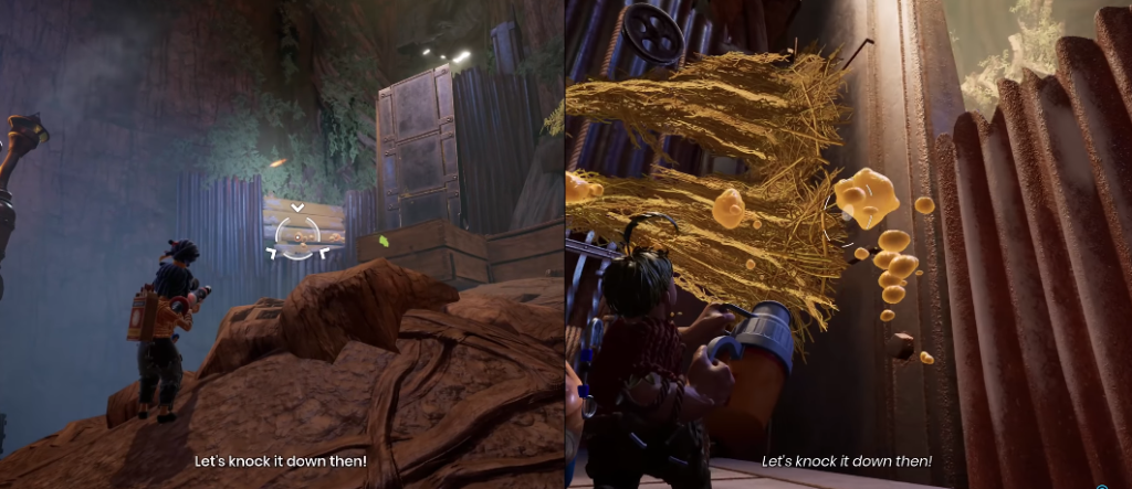 It Takes Two characters aiming at beehive indoors