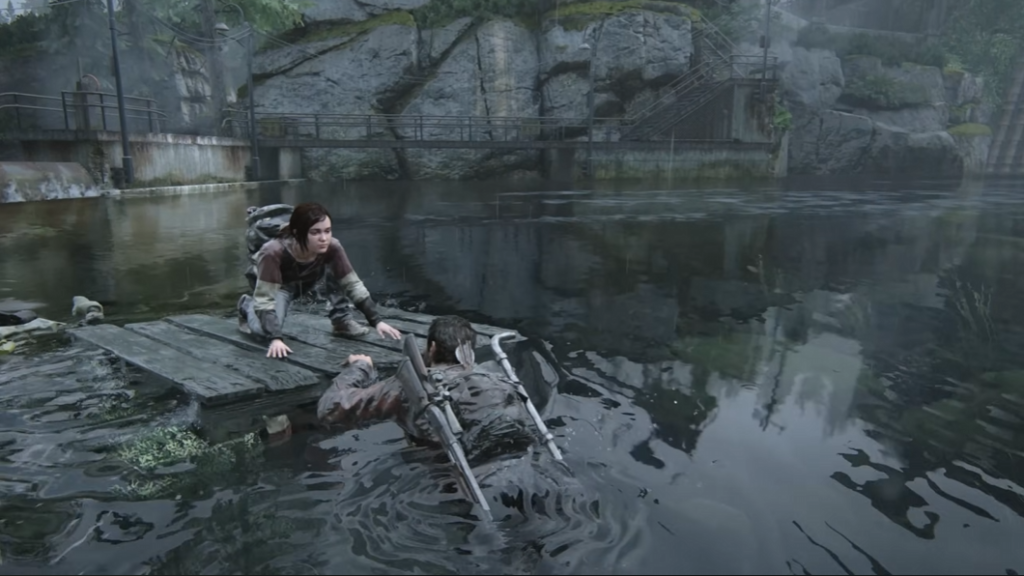 Ellie helps Joel onto dock in flooded area