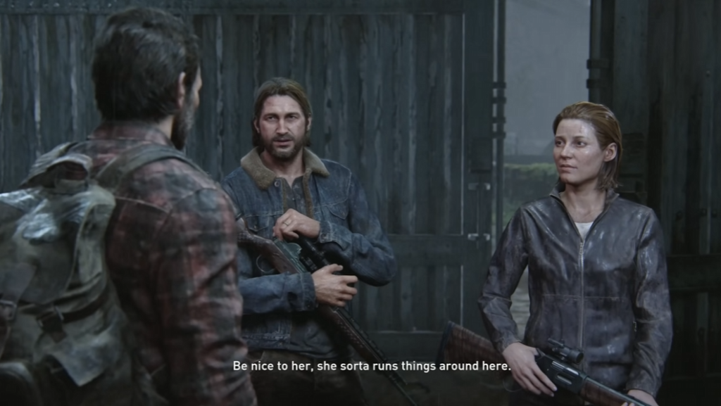 The Last of Us characters talking in wooden gate area