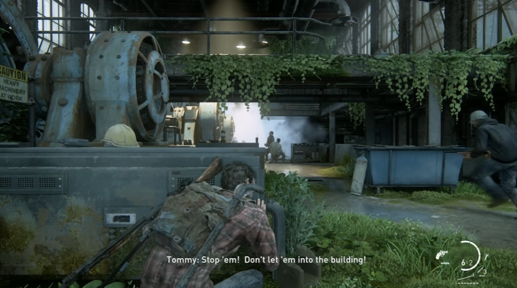 Joel crouches behind machinery in The Last of Us
