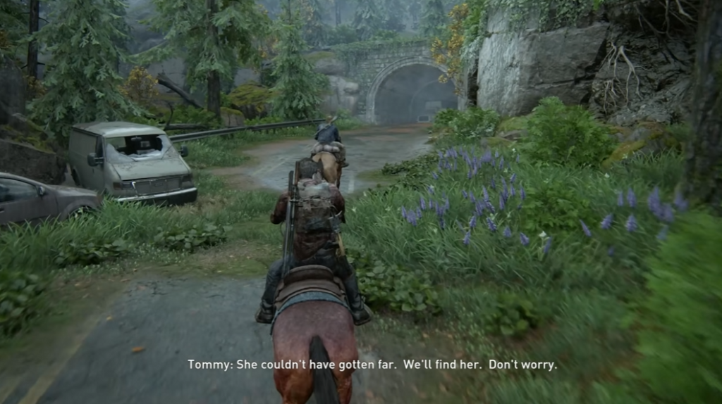 The Last of Us Tommy and Ellie ride horses road